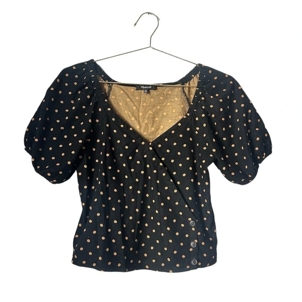 Madewell Corduroy Puff-Sleeve Wrap Top in Oval Dot Size XXS